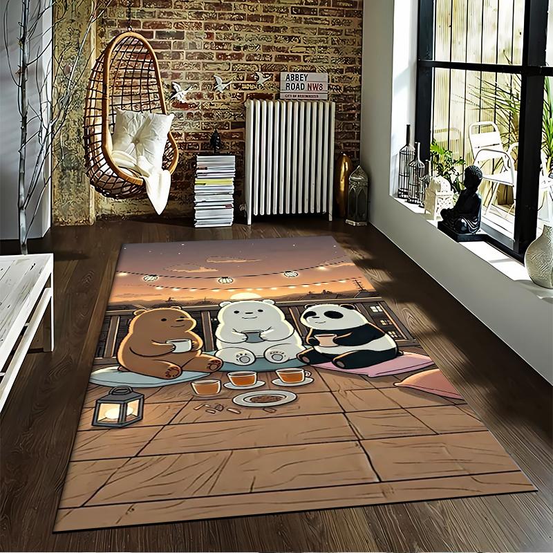 "Cozy Cartoon Bear Trio Carpet with Tea Scene and Warm Sunset" Suitable for use as an anti-slip for living room bedroom sofas