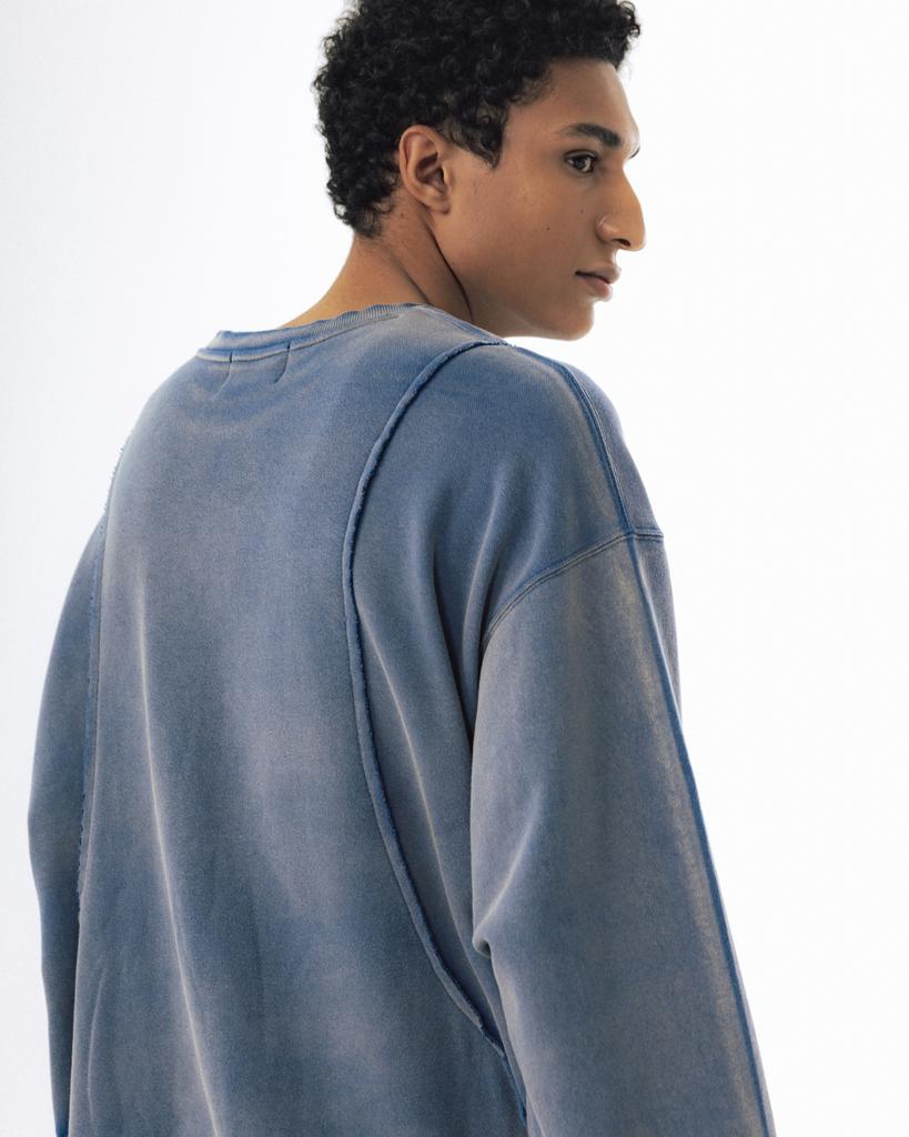 ANGLAN Curved Panel Washed Sweat Shirt - Blue