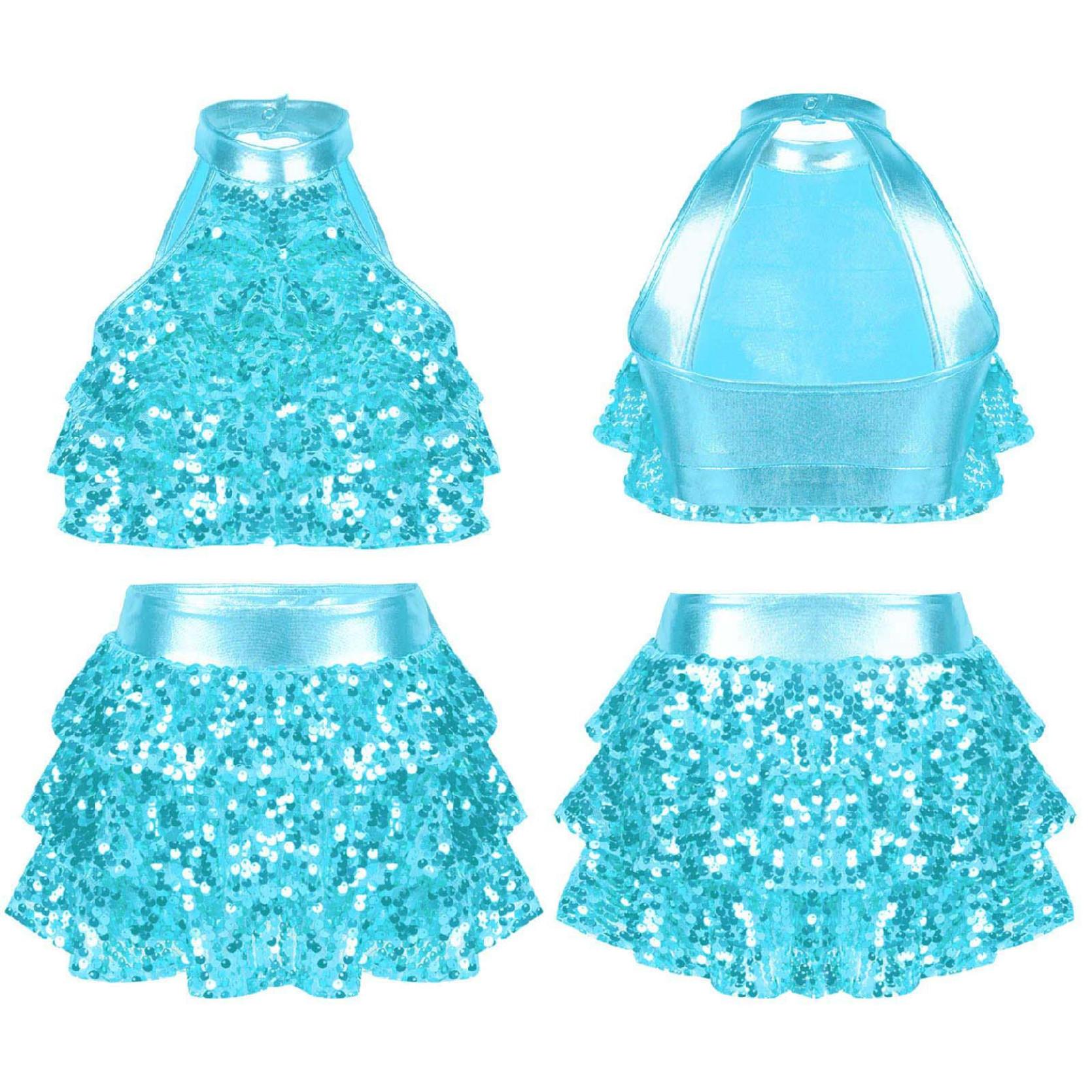 

Комплект танцевальной одежды для девочек, гимнастический укороченный топ без рукавов + юбки, танцевальная одежда с блестками, 2 шт. 7-8 Years синий