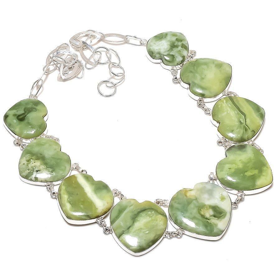 Natural Green Jade Necklace 18" Adjustable Chain Silver Tone Heart Gemstone Gift