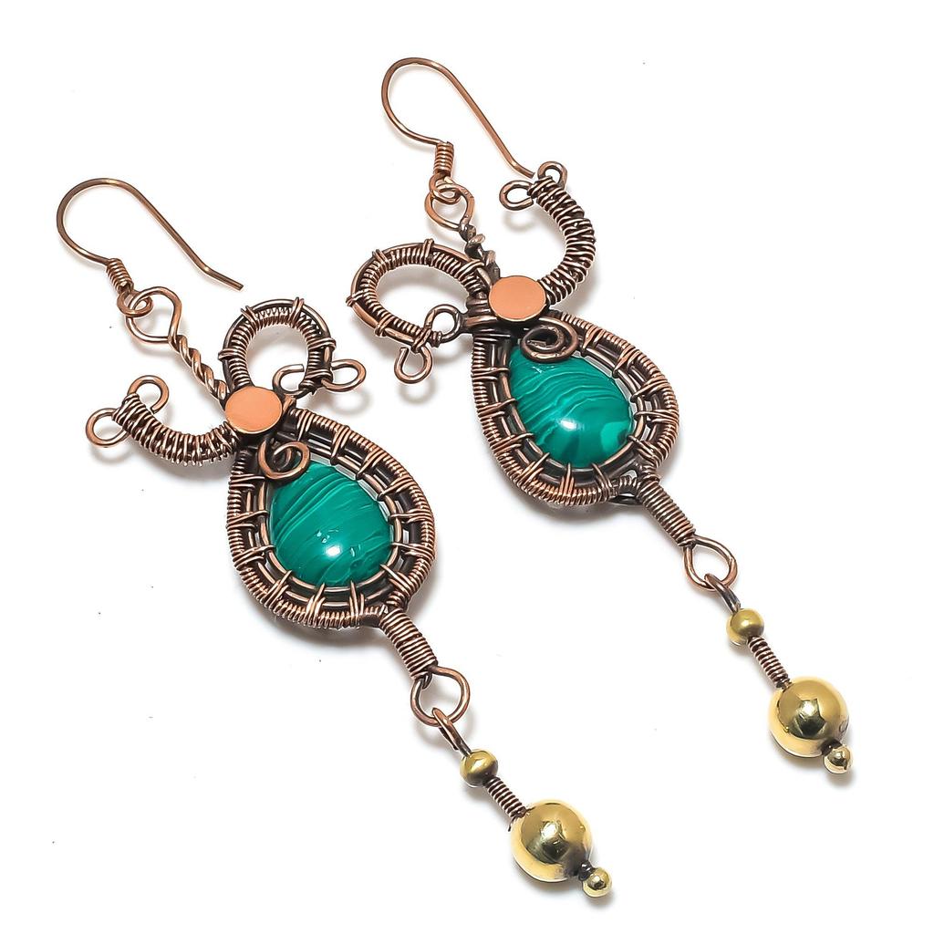 Malachite Earrings, 999 Copper Wire Wrapped Jewelry, Gift For Women Handmade Earrings Gemstone Jewelry