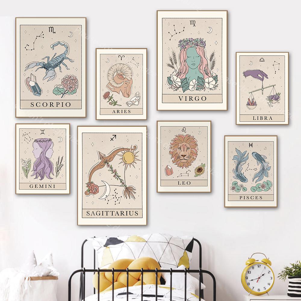 Bohemian Zodiac Art Posters and Prints Canvas Painting Tarot Cards Inspired Astrology Virgo Aquarius Constellation Picture Decor