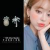 925 Sterling Silver Coconut Tree & Pineapple Rhinestone Asymmetrical Earrings - Korean Style for Women, Cute Student Accessory.