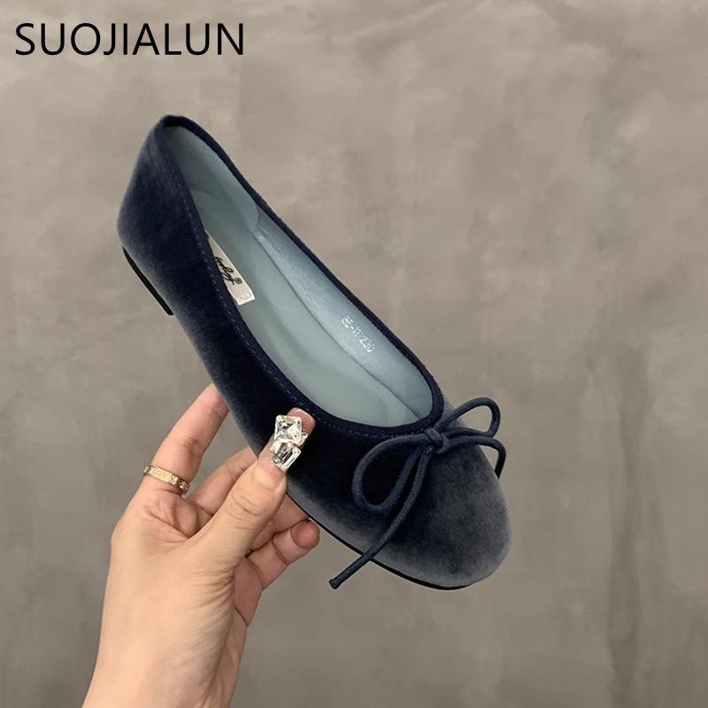 Fashion SUOJIALUN Autumn Women Flat Shoes Fashion Bow-knot Round Toe Shallow Slip On Ladies Boat Shoes Soft Flat Heel Dress Ballerinas S