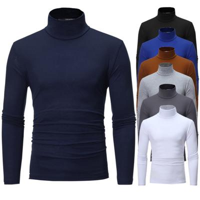 T-shirt Jednolity Kolor Długi Rękaw Bawełna Męski Golf Wąski Podstawowy Top na Wiosnę