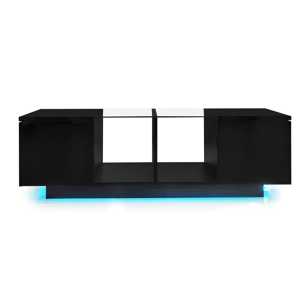 Coffee Table, LED Living Room Table with Storage Space, High-gloss Table with Glass Shelf, Modern Sofa Table with Two Doors