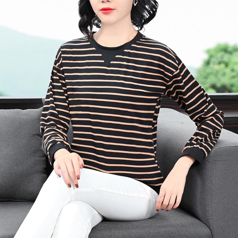 Winter Long Sleeve Striped T Shirt Women Loose Middle Age Mom Base Layer Top