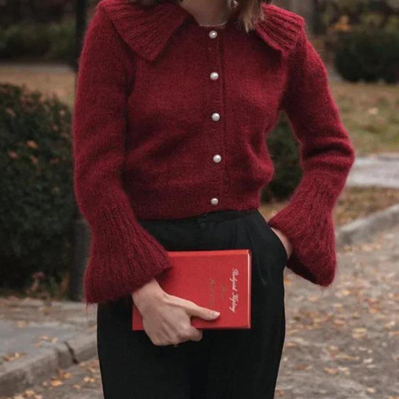 

Autumn Winter Fashion New Style Short Turn-Down Collar Flared Sleeve Knitted Cardigan Sweater Women L червоний