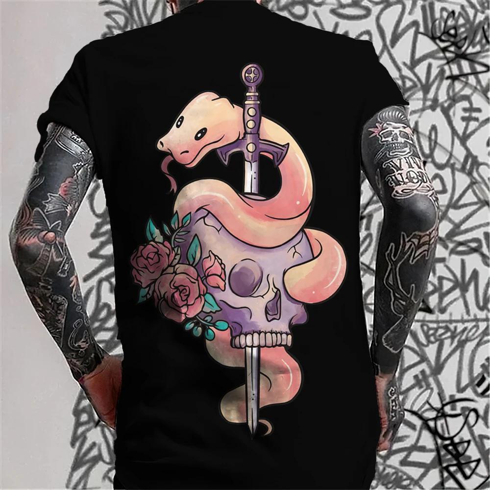 Men's Retro Tattoo Style T-shirt Trend 3D Printing Street Short Sleeved Hip-hop Punk Style Men's T-shirt Oversized Mens Clothing