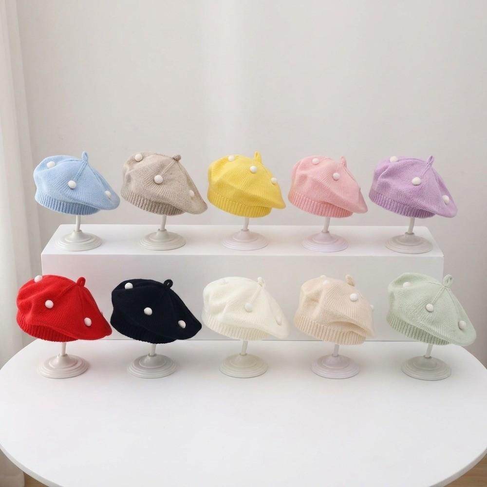 Soft Kids Knitted Beret Hat Solid Color Painter Cap Cute Pom Pom Beanie Infant