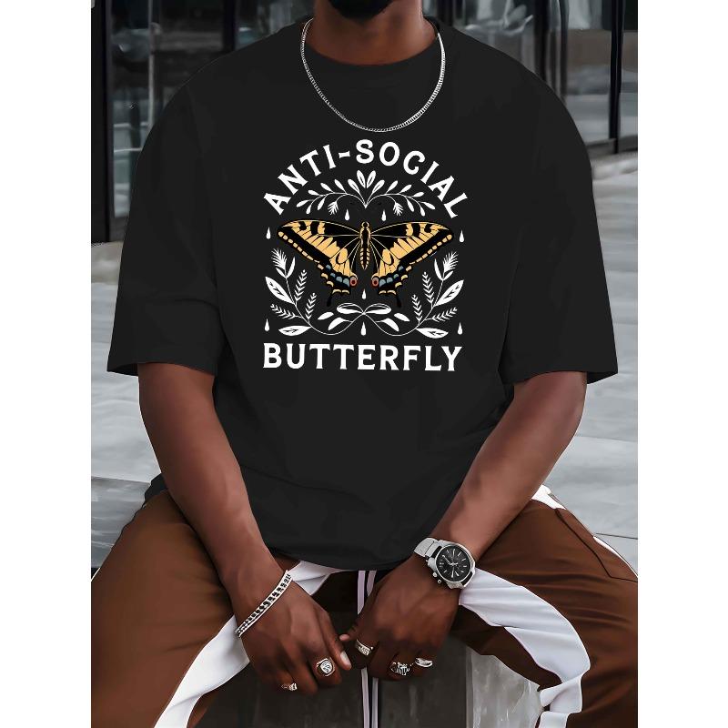 European Size Men'S Casual Crew Neck T-Shirt, Unsociable Butterfly Print, Short Sleeve, Regular Fit, Breathable Knit Fabric, Summer Fashion Top