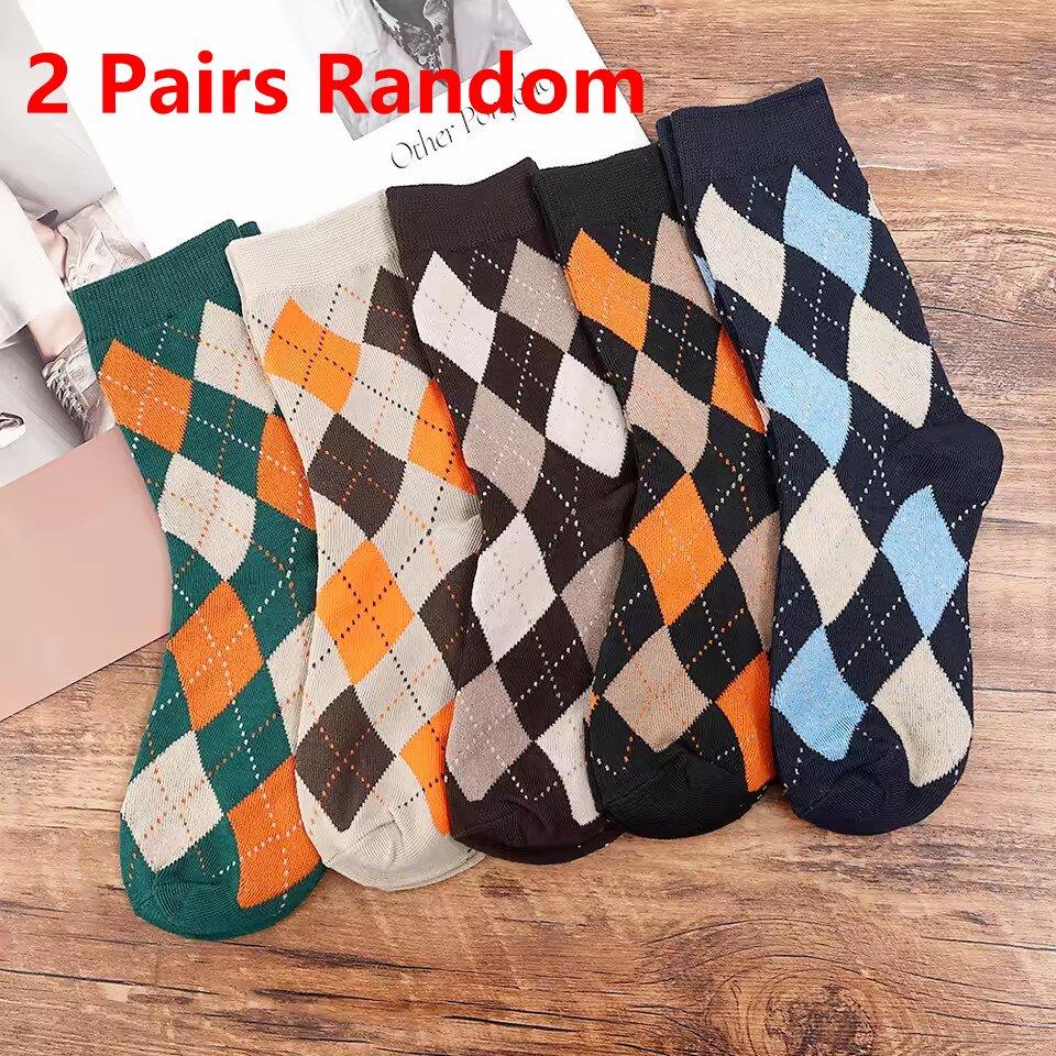 Women's Colorful Diamond Lattice Striped Socks Quality Plaid Diamond Pattern Argyle Geometric Harajuku Cotton Medium Tube Socks