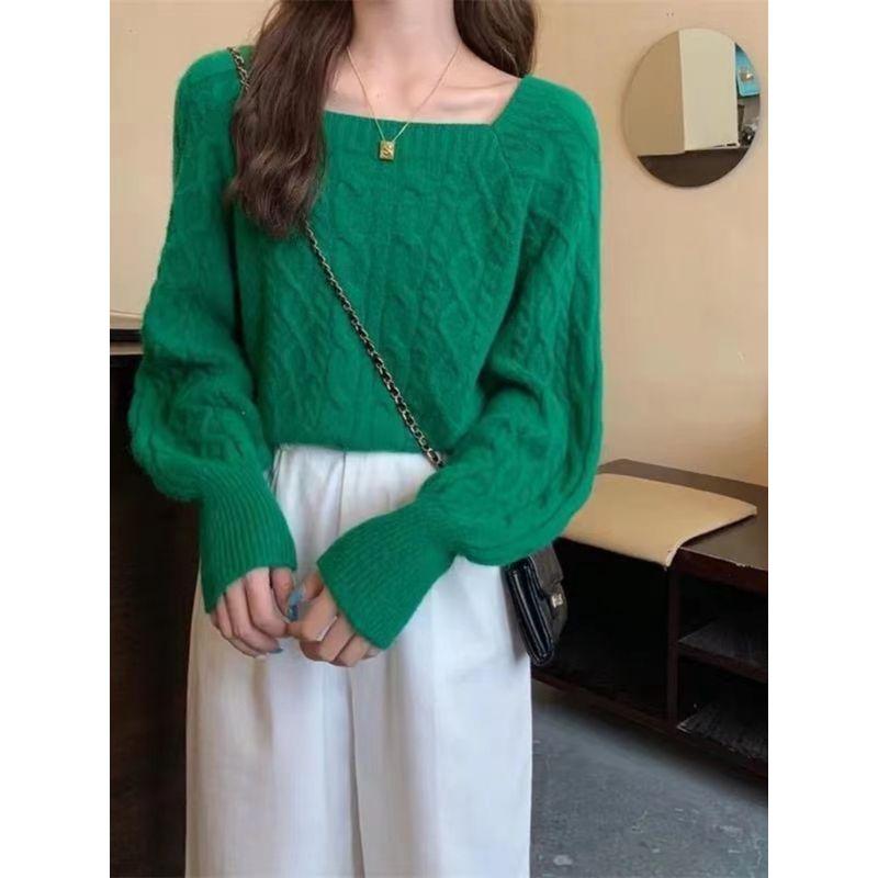 New Square Collar Retro Hemp Pattern Loose Knitwear