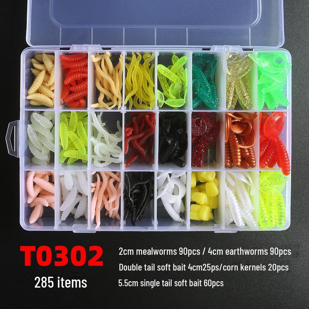 Anmuka Mixed Soft Bait Box: Mealworms, Bloodworms, Earthworms, Shrimp - Single/Double Tail (285/190 Pcs)