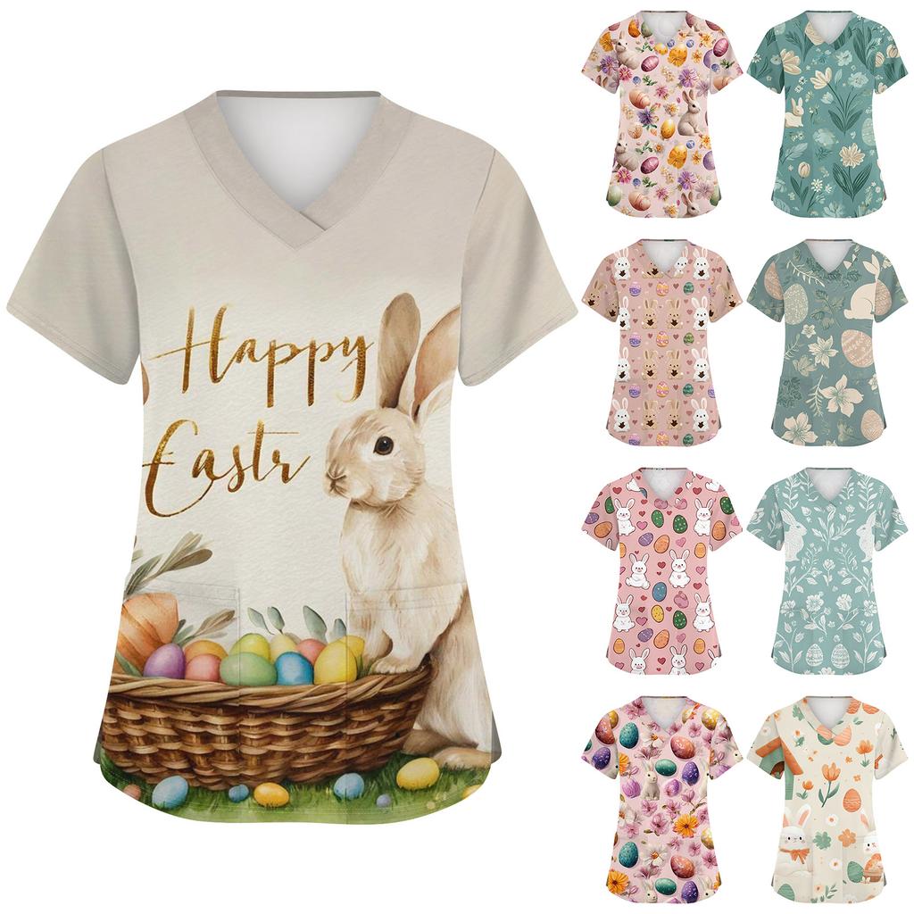 Modisches Damen-Arbeitstop mit V-Ausschnitt und kurzen Ärmeln, mit doppelten Seitenschlitzen und Taschen, featuring Osterhasen- und Eierdrucken.