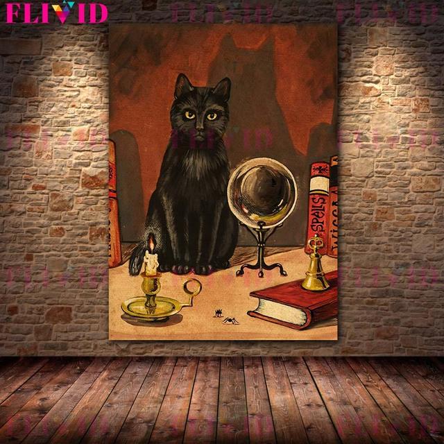 Salem's Black Cat Witch Art Poster and Prints Vintage Wall Art Magic Cat Daily Life Oil Painting