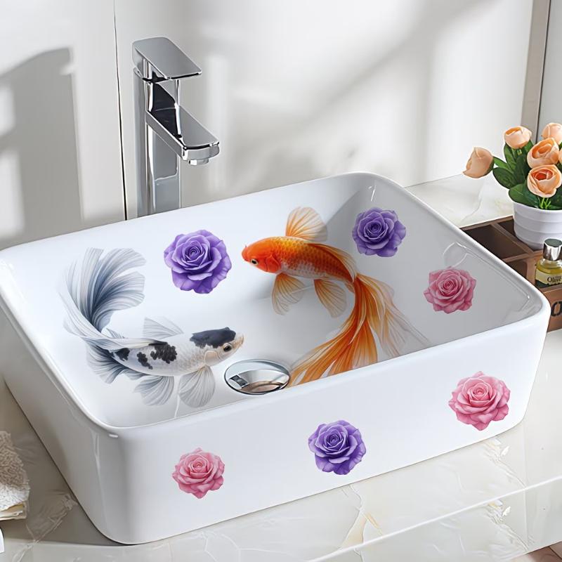 Lucky Koi And Floral Washbasin Sticker Self-Adhesive Waterproof Removable Bathroom Sticker, Wall Bathroom Sink Decal Home Decor