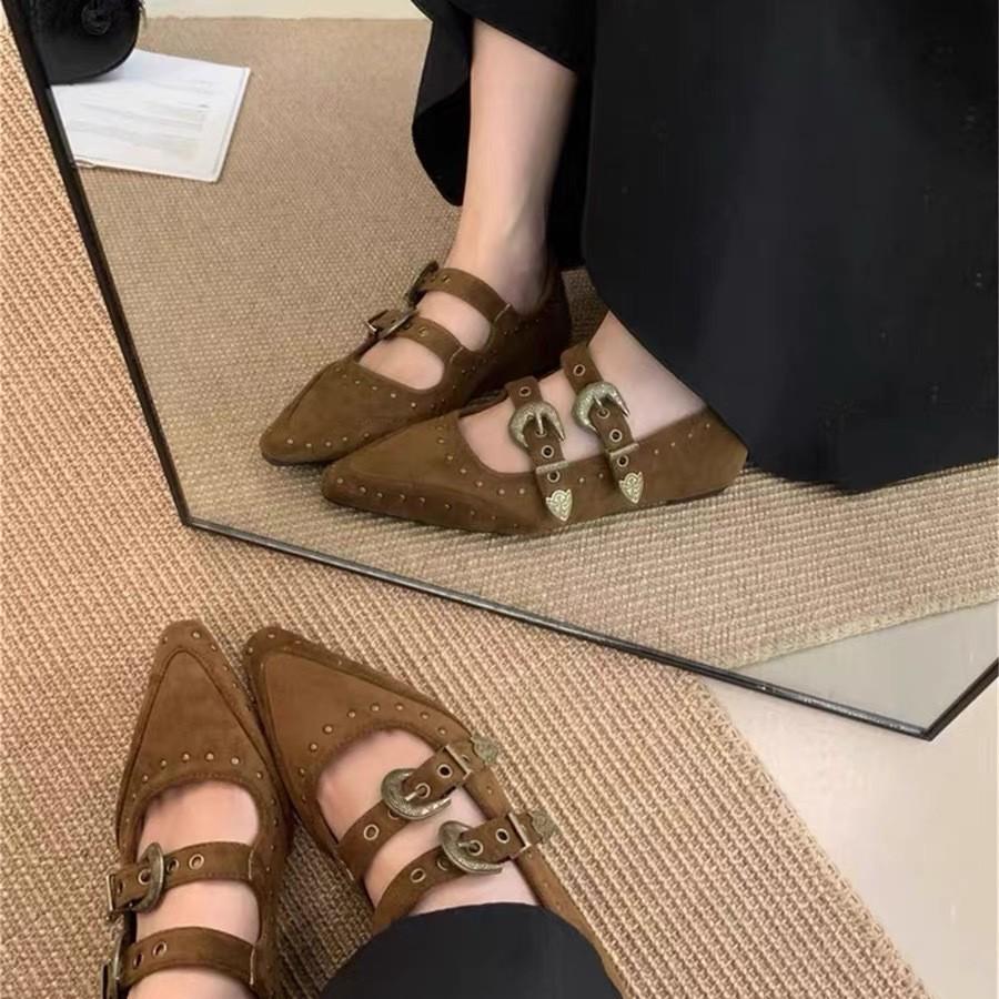 Retro Pointed Head Shallow Mouth Inner Height Increase Mary Jane Single Shoes Women's 2025 Autumn Models Rivet Belt Buckle Suede Flat Shoes
