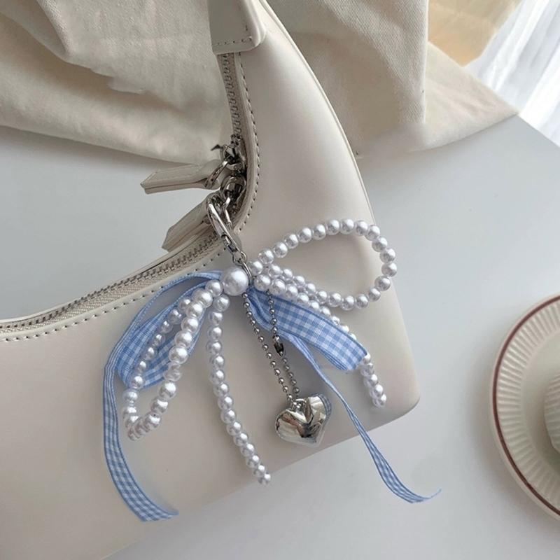 Chic Bowknot Pendant Bead Bag Charm Heart Bag Pendant Elegant Bead Keyrings Stylish Bead Keychain for Phone Key Bag