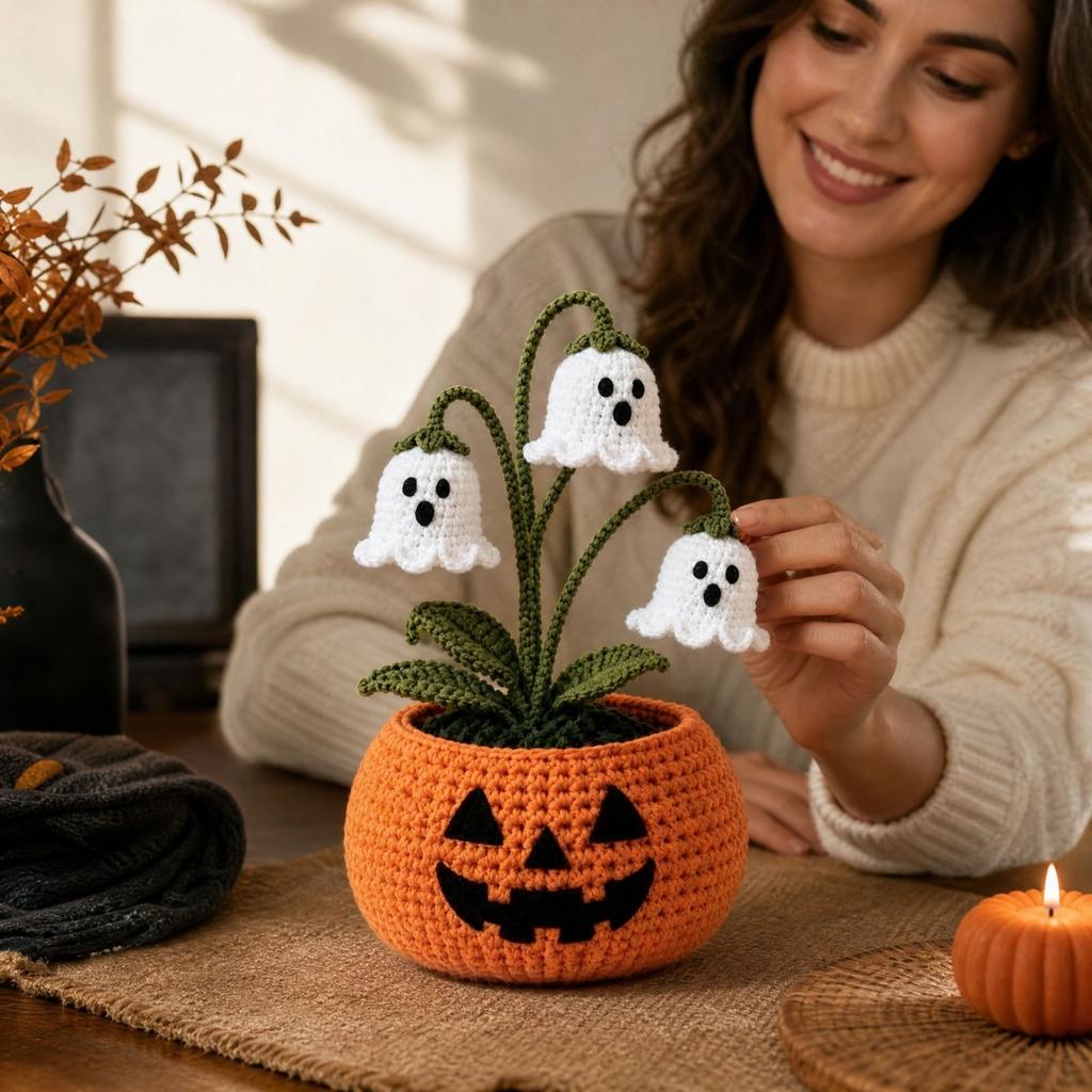 Knitted Halloween Potted Plant Decor, Ready to Display Tabletop Decoration for Seasonal Home