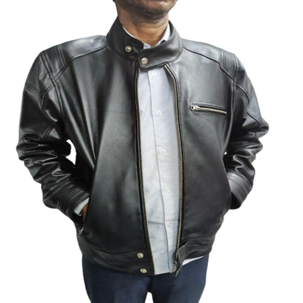 NOORA Men's Black Genuine Lambskin Soft Leather Biker Jacket, Men's Black Slim Fit Real Leather Belted Moto Jacket