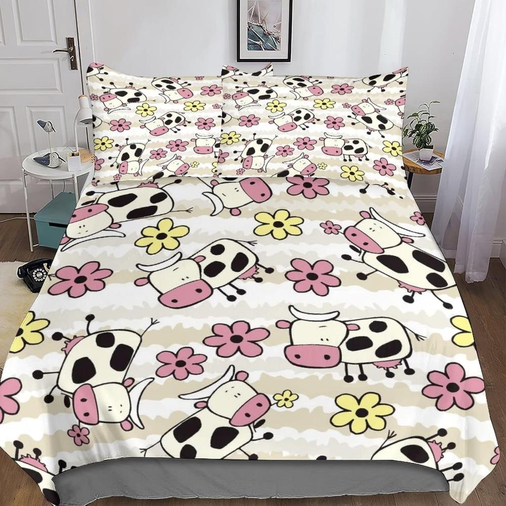 Cartoon Cow Motif,Microfibre Bedding Sets, Children's Bed Linen with Zip Room Decor  Duvet Cover  for Teenagers  Adult 3-Piece