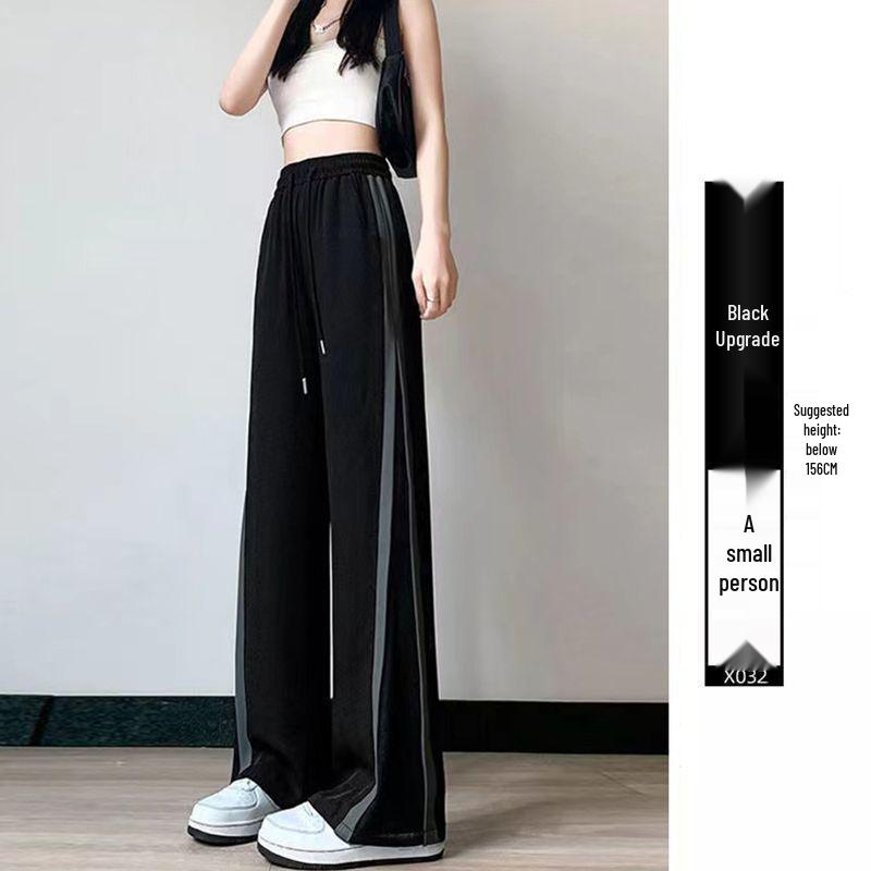 Women's Ice Silk Wide-Leg Sports Pants - Black, Thin, Straight, Loose, Casual Style for Spring, Summer, and Autumn