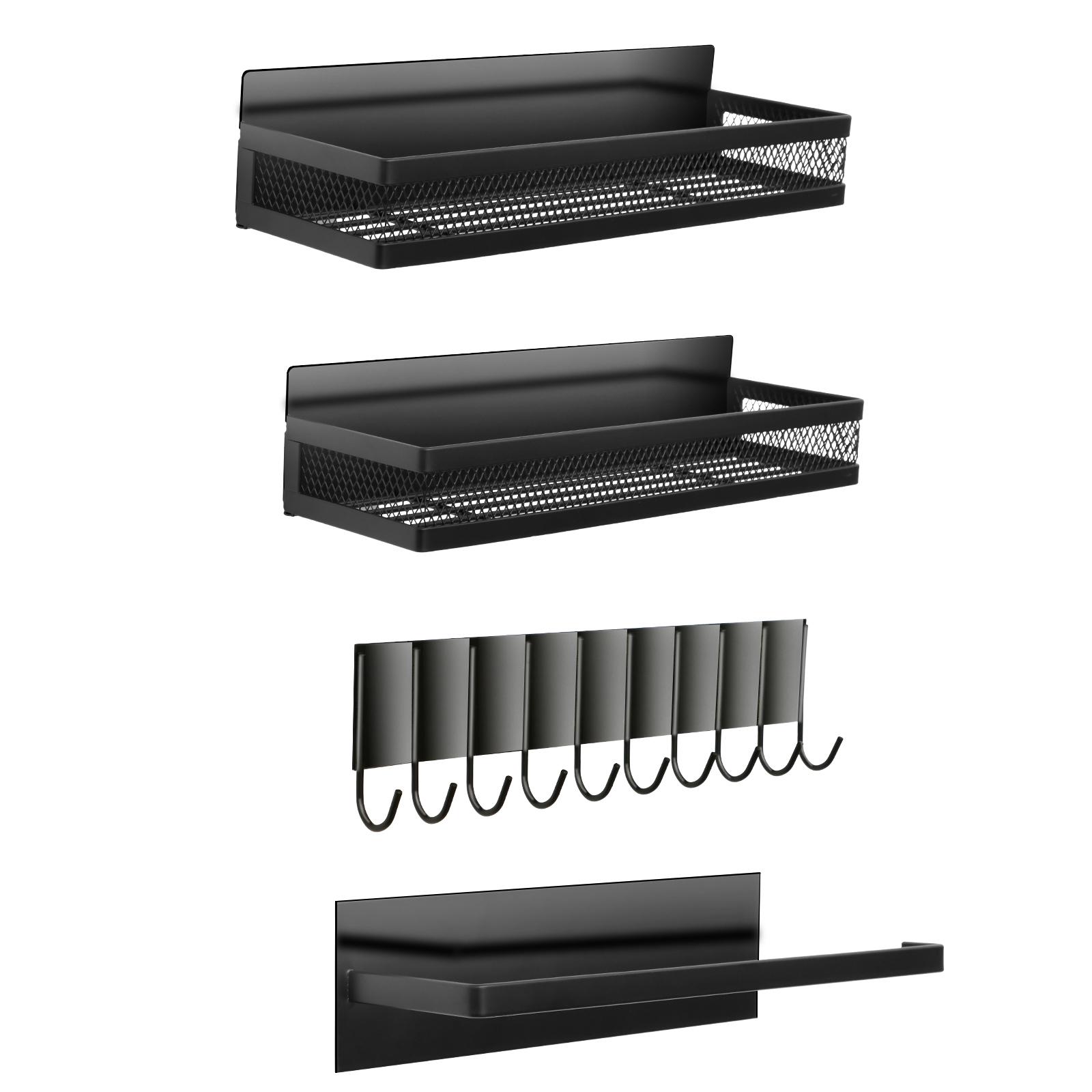 

4 шт. Магнитные полки для специй с держателем для бумаги Передвижная стойка с 10 крючками Металлический органайзер для холодильника с бортиком Дизайн с круглыми углами