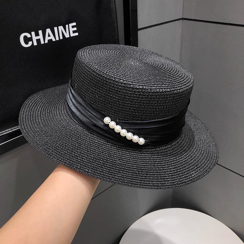 Pearl Top Hat Children Summer Beach Flat Top Straw Hat Seaside Sunshade Sunscreen Hat UV Protection Sun Hat