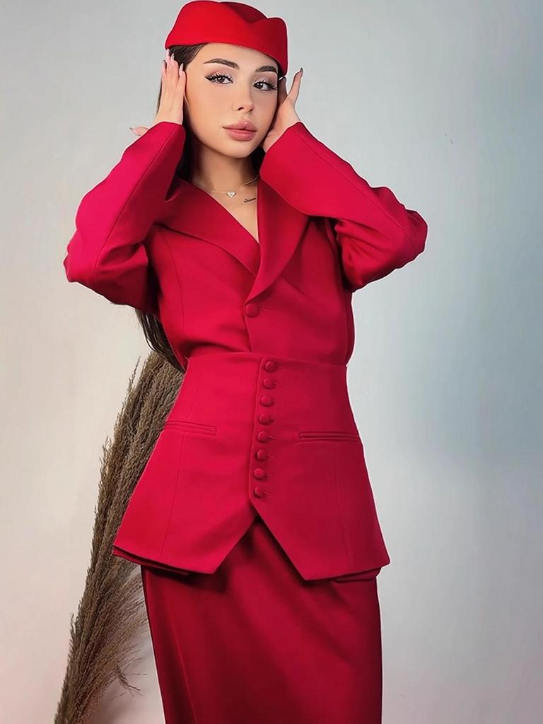 2025 Autumn European & American Elegant Solid Color Waistband Blazer & Suit Pants Set