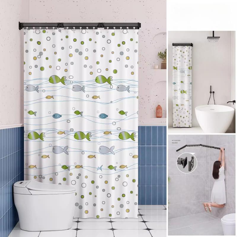 Foldable Shower Curtain Rod for Bathroom and Toilet, No Need To Drill Holes, Dry-wet Separation, C-shaped Waterproof Shower