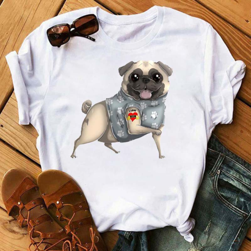 I Love Mom Print Damen T-Shirt Lustige Hundedruck Tops Harajuku Hunde-T-Shirt Sommer Kurzarm Graphic Tee Damen Kleidung