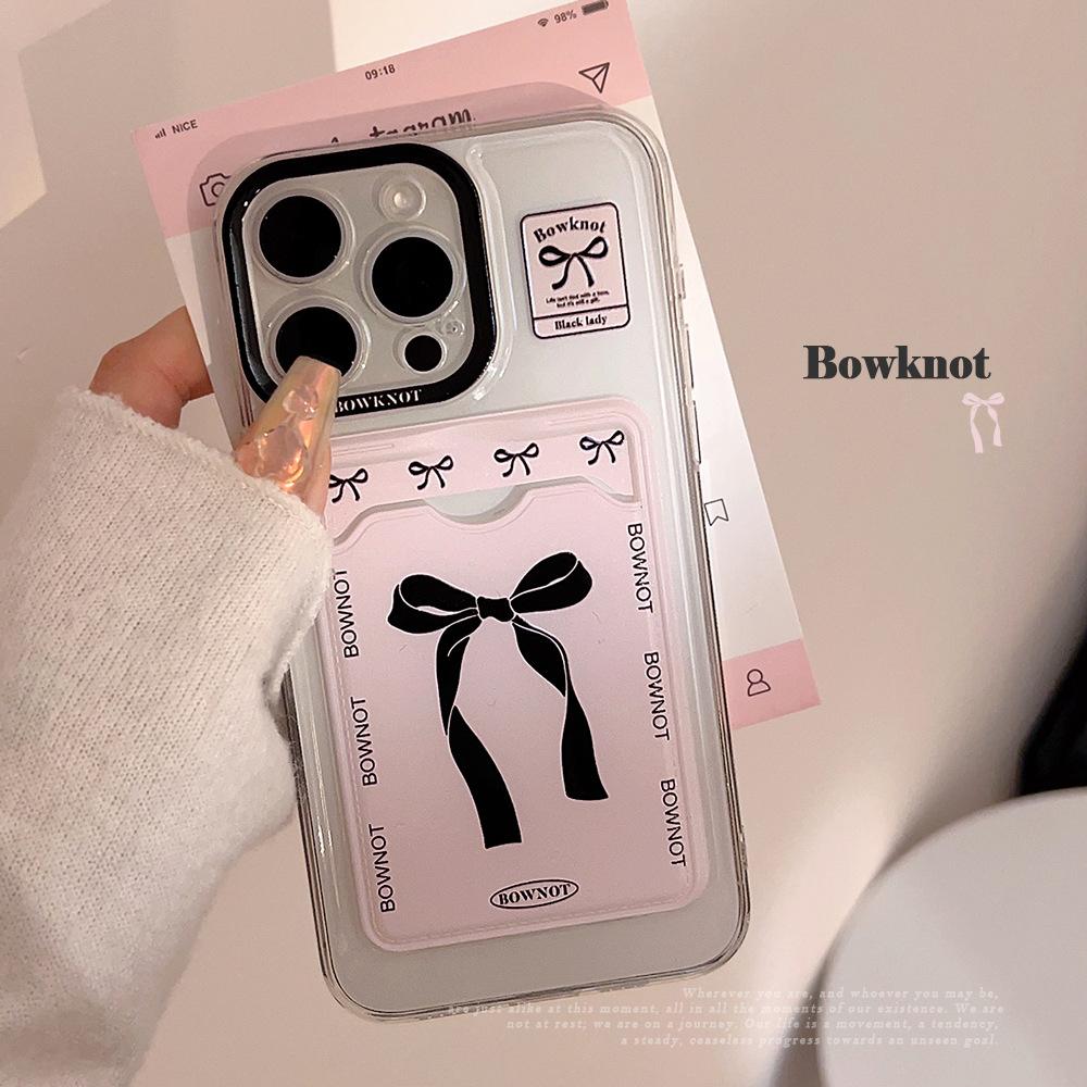 

Korean Cute Bowknot Card Holder Phone Case For iPhone 16 15 14 13 12 11 Pro Max X XR 7 8 Plus SE2 Wallet Shockproof Soft Cover For iPhone 13&Silicon