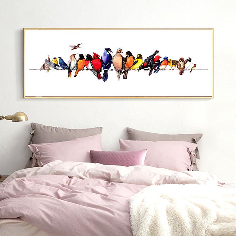 Nordisches modernes handgemaltes Gemälde auf Leinwand, Cartoon-hockende Vögel, niedliche Tierposter und Drucke für Nachttischdekoration, Heimkunst