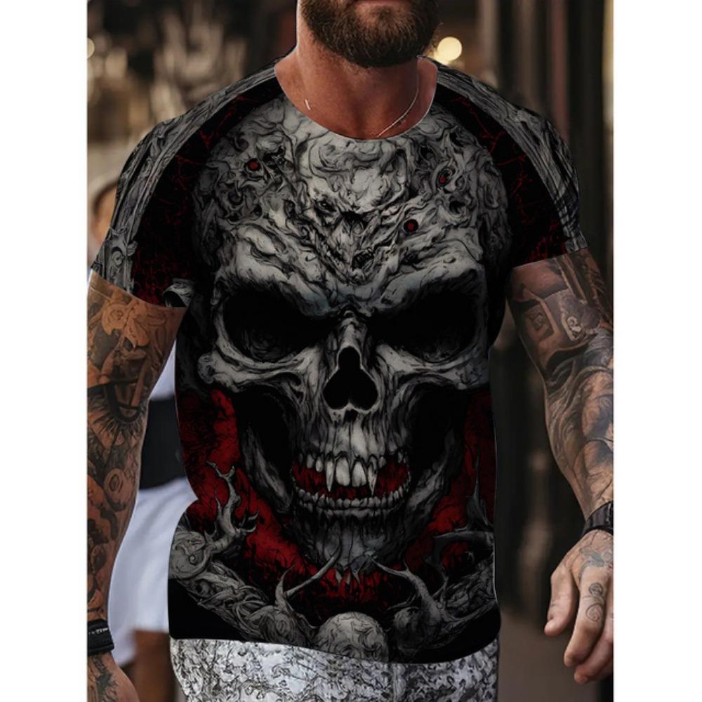 New Men's Fun Skull Pattern T Shirt Suit Mob Skull Print Short Sleeve Summer Casual Loose Round Neck T Shirt Breathable Top