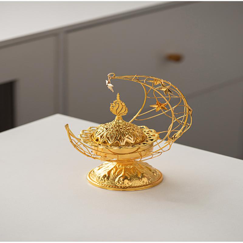 Moon-Shaped Metal Incense Burner Handheld Home Living Room Desktop Decor Ornament Stylish Aromatherapy Burner