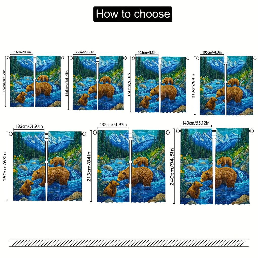 Set Of 2 Modern Scenic Bear Fishing Mountain Stream Curtains Polyester Semi Transparent Design Bedroom Livin Curtain With Rod Pocket Perfect For