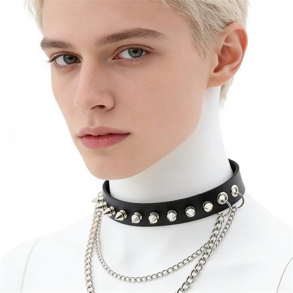 Unisex European Punk Black Leather Choker with Metal Chain and Lock Pendant.