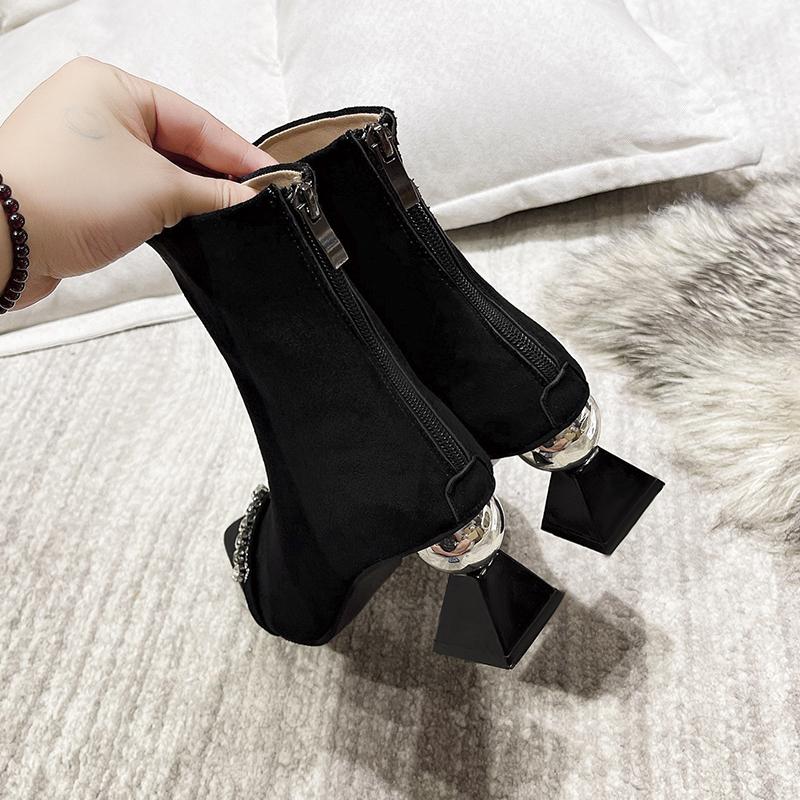 Fashion Special Heel Booties Fall New Pointed Toe Suede Rhinestone Anti-Slip Wear-Resistant Heels