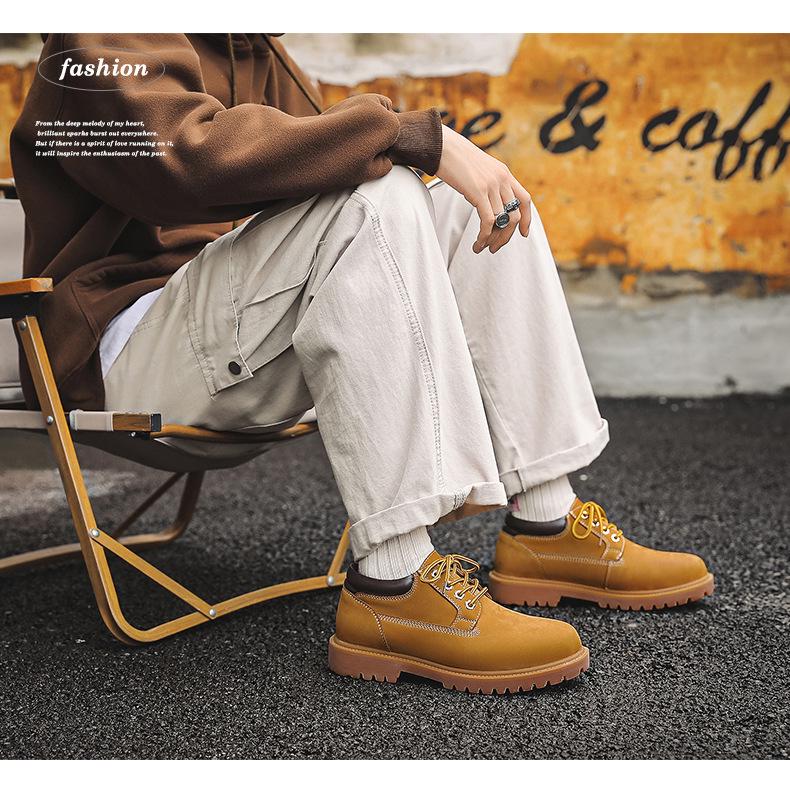 Men's Retro Yellow Leather Low-Top Martin Motorcycle Boots with Oxford Outsole