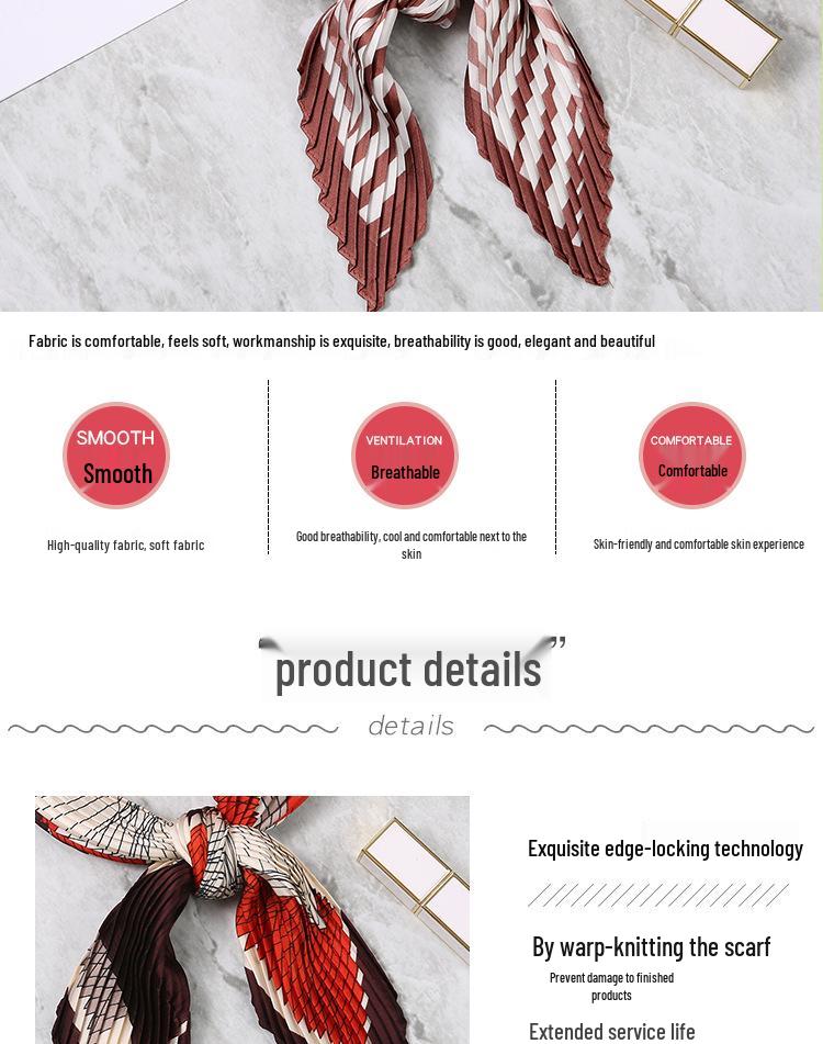 Retro Color Block Crinkled Square Scarf - 70cm Pleated Neckerchief in Imitation Silk for Women