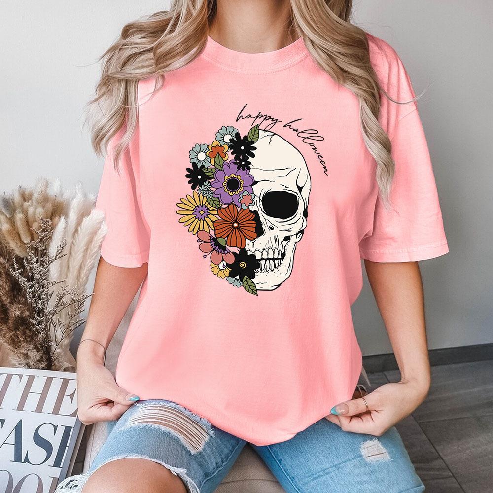 

Floral Skelletton Cotton T-Shirt Short Sleeve Round Neck Women 2d Print Tops 3XL