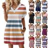 Damenmode Gestreifter Druck V-Ausschnitt Kurzarm Tasche Lässiges Pulloverkleid