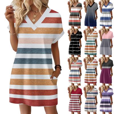 Women's Fashion Striped Print V-Neck Short Sleeve Pocket Casual Pullover Dress