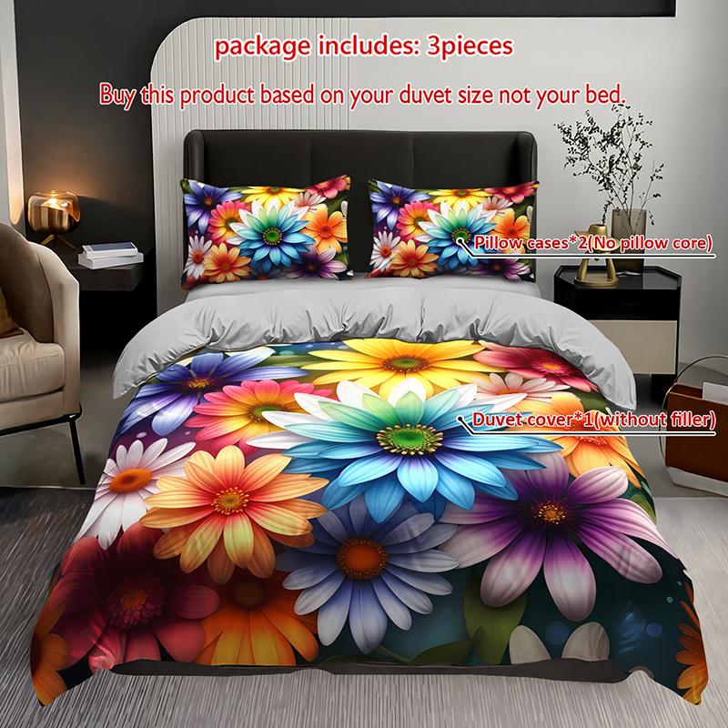 3pcs Vibrant Rainbow Floral Bedding Duvet Cover Set Daisy Flower Bedding Quilt Set Floral Themed Bed Set Summer Blooming Flowers (135x200cm)