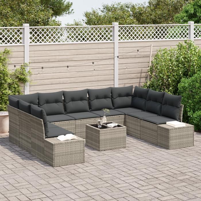 VidaXL Canapé de jardin 10 pièces avec coussins gris poly rattan 3347232