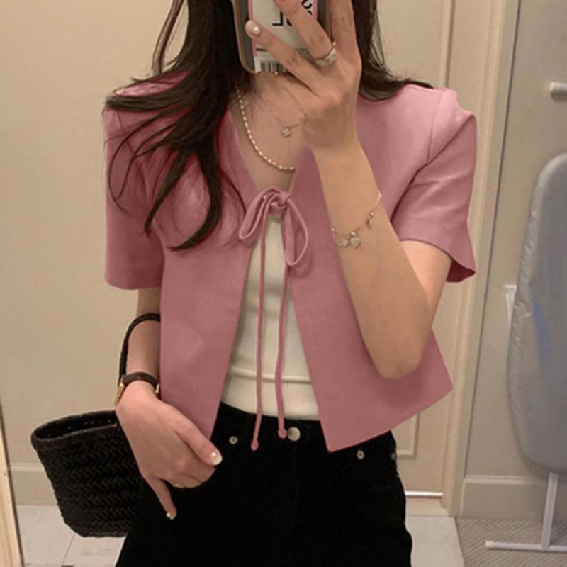 ZANZEA Women Casual V-Neck Short Sleeve Lace Up Cardigan Blouse