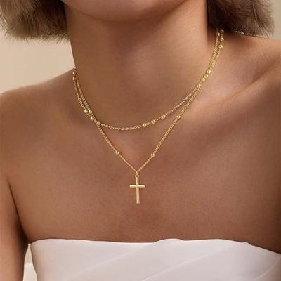 Vintage Gold Color Cross Pendant Necklace for Women Fashion Metal Double Layer Round Bead Link Chain Necklace Jewelry