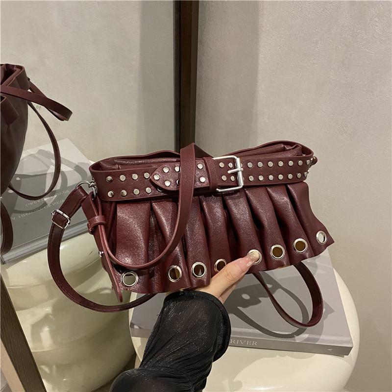 Fashion Y2k Studded Shoulder Bag Ruffled Skirt Belt Buckle Design Women Exquisite Versatile Handbag Cool Metallic Crossbody Bag