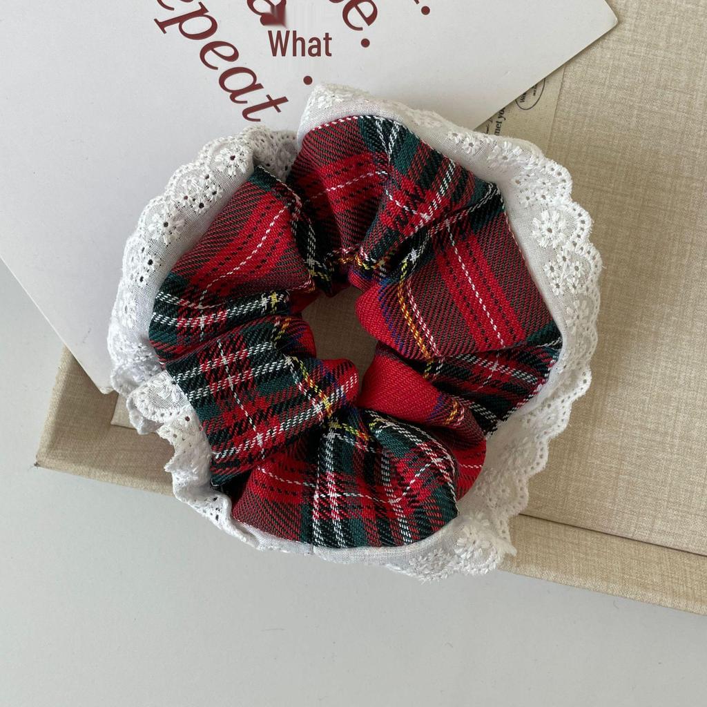 Plaid Christmas Scarf Scrunchie with Lace Edging - Red Women's Hair Tie Accessories